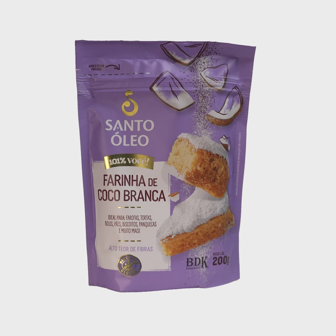 Video Farinha de coco branca 200g santo oleo para bolos e receitas